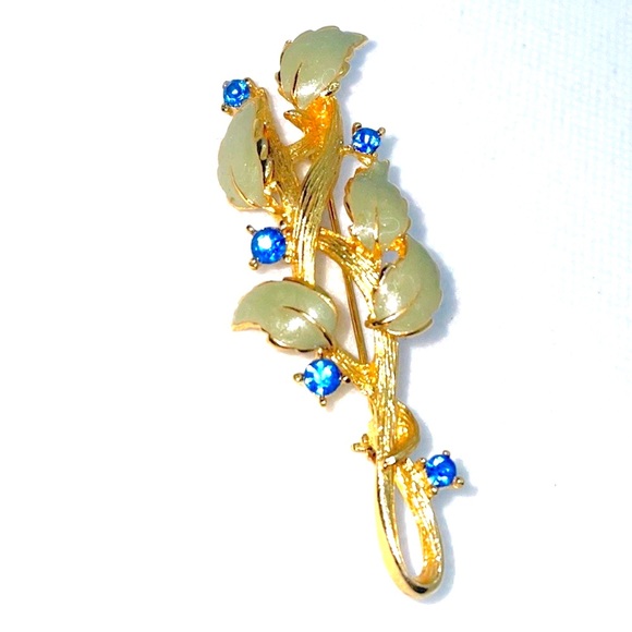 LIA Jewelry - Vintage LIA Gold-tone Green Enamel Leaves Blue Rhinestones Brooch / Pin